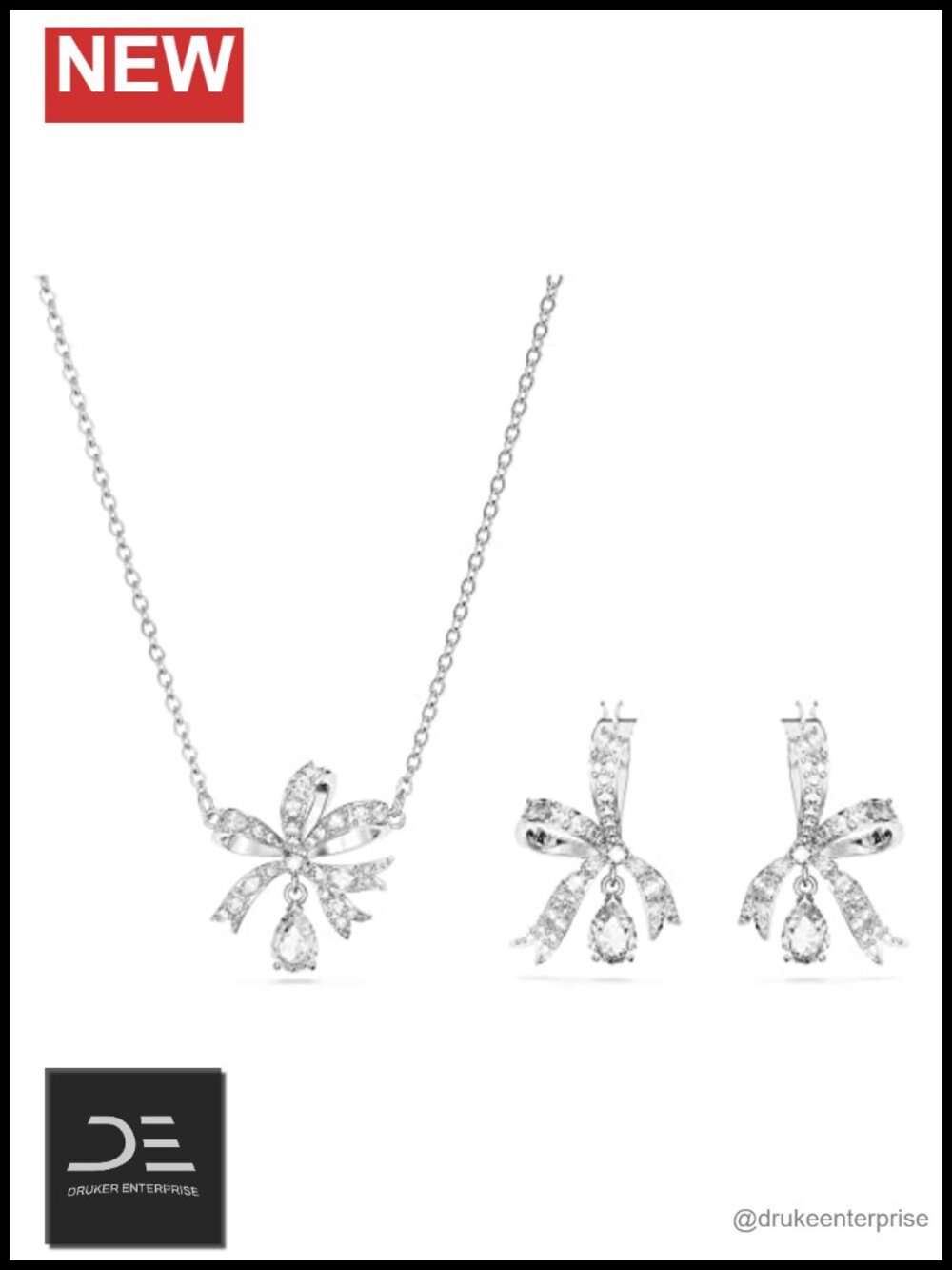 Swarovski Crystal Bow Necklace & Earrings Set Rhodium Silvertone Jewelry Bridal
